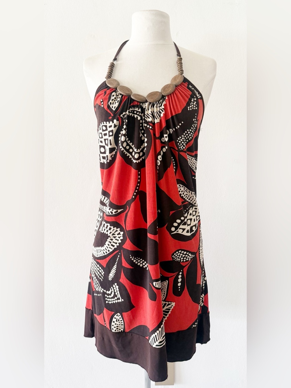 Vintage Y2K A. Byer Wood Bead Boho Print Halter Dress USA Made Size Small